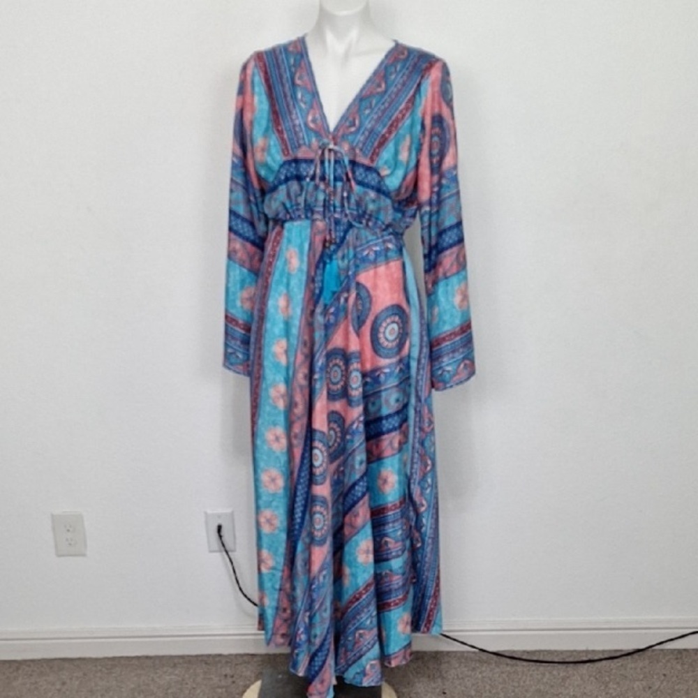 Blue Pink Coastal Silk Blend Floral Bohemian Bell Sleeve Maxi Dress Free Size